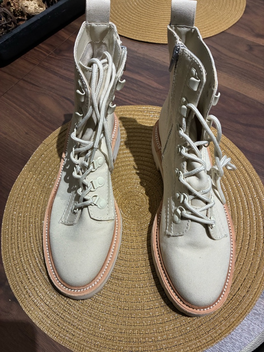 Dolce Vita Cream Canvas Lace-Up Combat Boots with Tan Trim